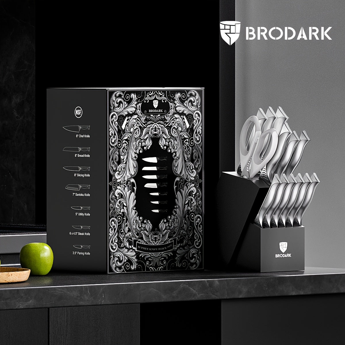 15pcs Brodark Kitchen Knife Set With Block, Knife Block Set With Built-in Sharpener, Dishwasher Safe Knives Set For Kitchen, NSF Certified Stainless Steel Kitchen Knives, Shark Series