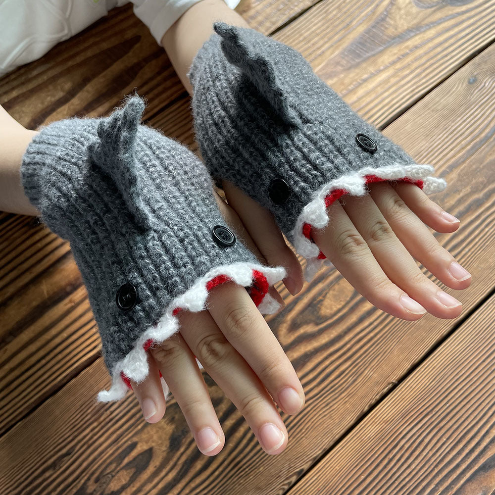 1pair Funny Handmade Shark Gloves - Wool Winter Warm Half-finger Gloves for Christmas Gifts