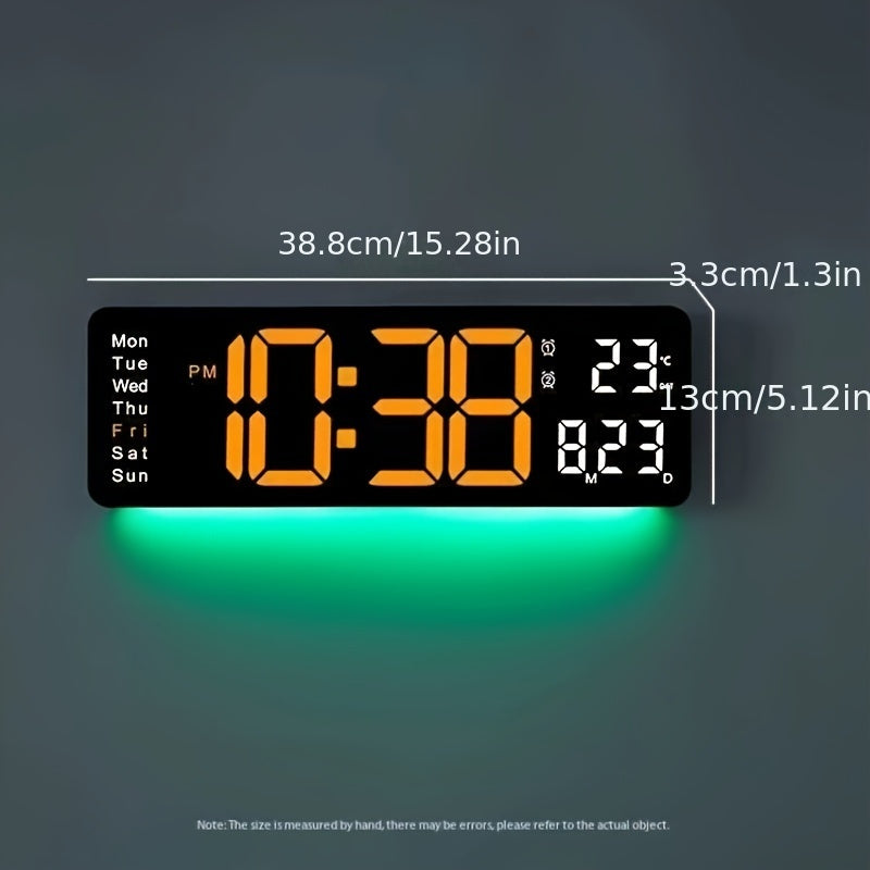 1pc 16-Inch Remote Control Digital Wall Clock, Temperature Date Display With Mood Light, Dual Alarm, Countdown, 10-Level Brightness Adjustment, 12/24H Format, Plastic Material, USB Powered (2 * AAA Battery For Memory Function