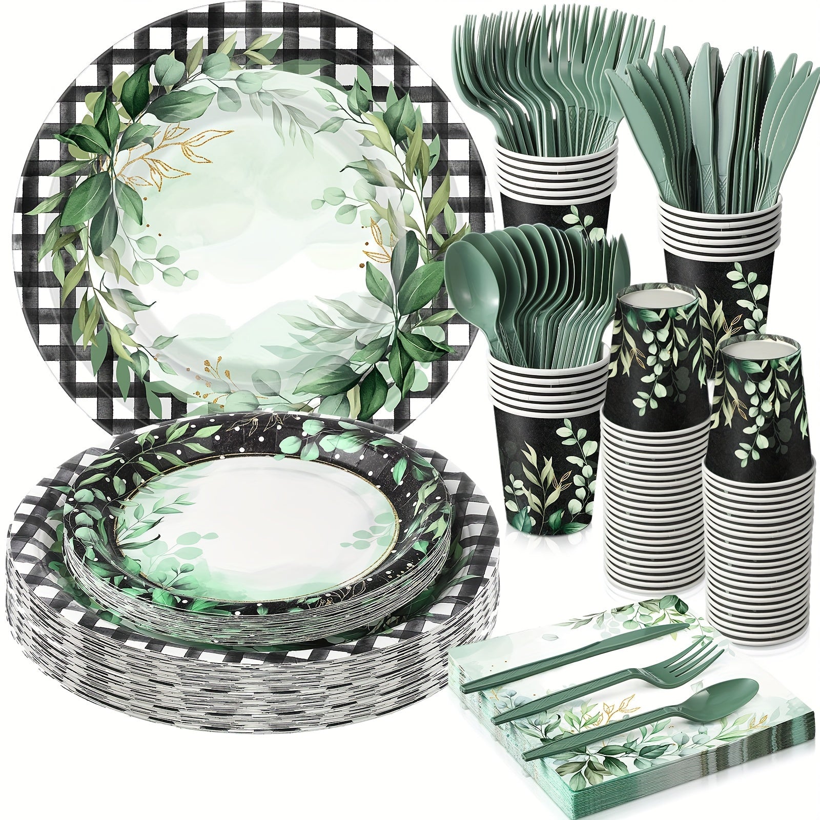 168 Pcs Sage Greenery Party Supplies Eucalyptus Green Leaves Disposable Tableware Set 9" And 7" Paper Plates And Napkins Cups Plastic Fork Knives Spoon For Sage Greenery Party Dinnerware