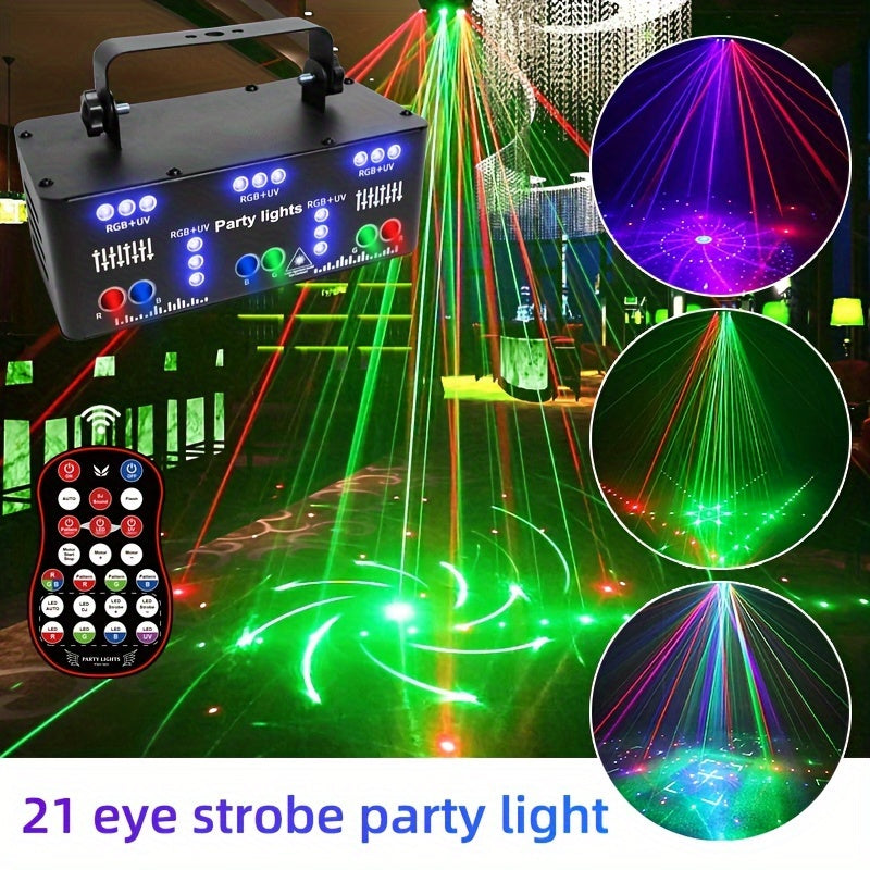 1pc 21 Lens Led Stage Lights Home Voice-activated Rotating KTV Color Light, Flash DJ Disco Lazer Light, LED Strobe Ballroom Bar Light, With Remote Control, For Birthday Party Ramadan St Pascha Easter Cinco De Mayo Mother's Da