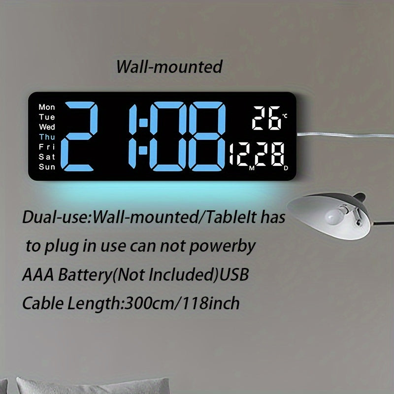 1pc 16-Inch Remote Control Digital Wall Clock, Temperature Date Display With Mood Light, Dual Alarm, Countdown, 10-Level Brightness Adjustment, 12/24H Format, Plastic Material, USB Powered (2 * AAA Battery For Memory Function