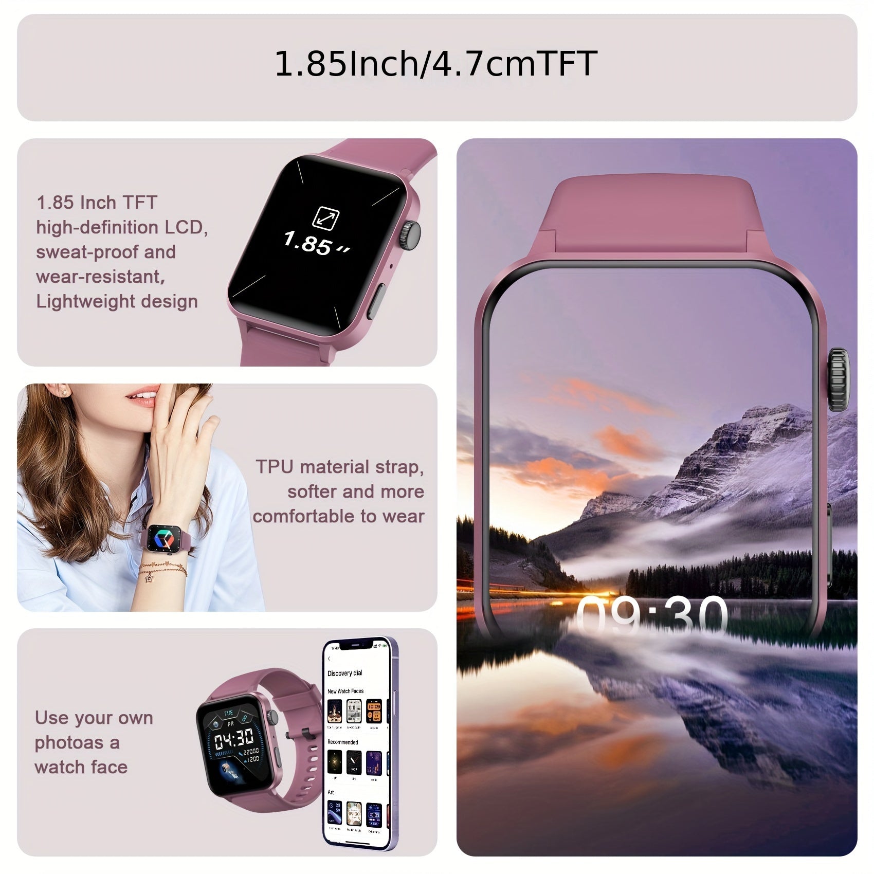 1.85" Vibrant Purple Smartwatch for Men and Women - 100+ Sports Modes Fitness Tracker, Pedometer, Music Control, Remote Control Photo, Waterproof Fitness Watch for Android iPhone [2024