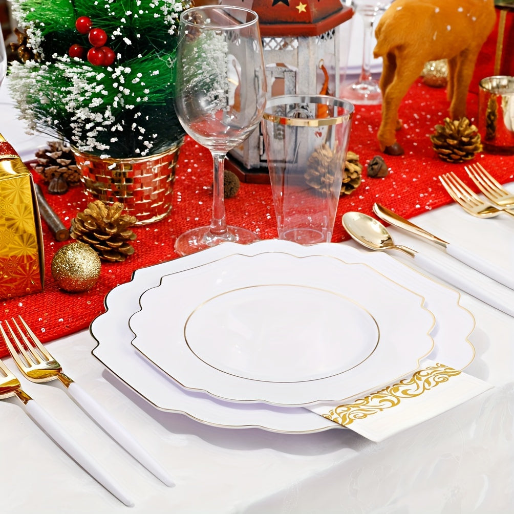 140PCS Plastic Plates - Gold Plastic Silverware, Gold Disposable Plates Include 40Plates, 20Cups, 20Forks, 20 Knives, 20Spoons, 20Napkins for Weddings & Parties
