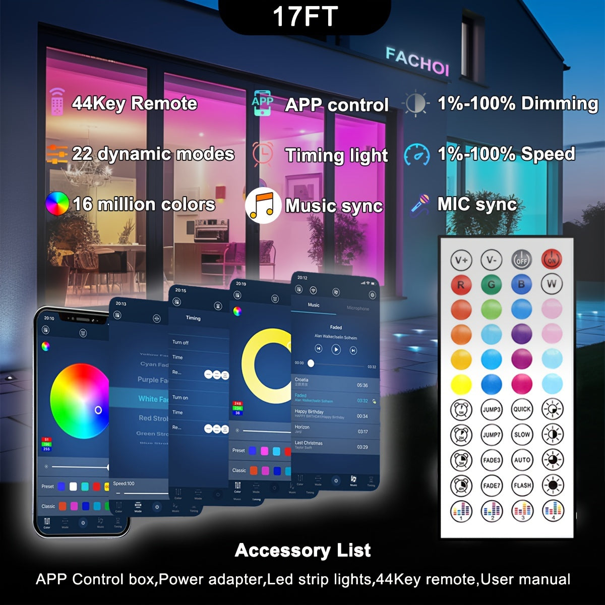 (2 rolls 17ft-1roll. 200ft RGB LED Strip Lights (2 Rolls, 100ft Each) with Smart App Control, Music Sync, Color Changing, Remote Control, for Bedroom, Party, Home Decor