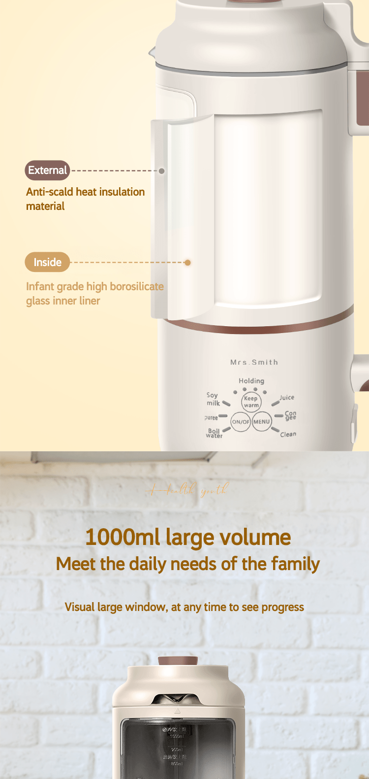 1000ml MRSSMITH Deluxe Portable Mini Soy Milk Maker - Enjoy Fresh Soy Milk and Juices with Advanced 23000RPM Motor, Touch Type Operation, and Self-Cleaning Function - Perfect for 1-4 Person Households with US Plug and 110-130