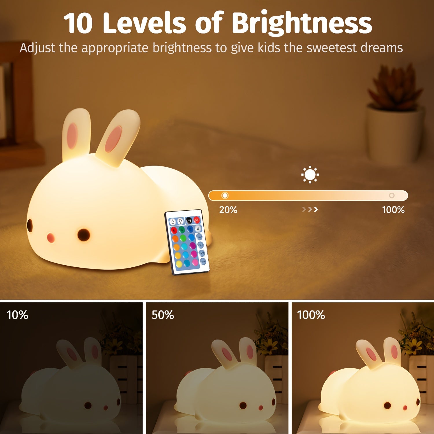 1800mAh Rechargeable Cute Bunny Night Light - Vibrant 16 Colors, Remote Control, 10-Level Dimmable, Timer Function, Silicone Material - Perfect for Bedrooms, Nurseries, Hotel Stays, and as a 100% Safe Gift