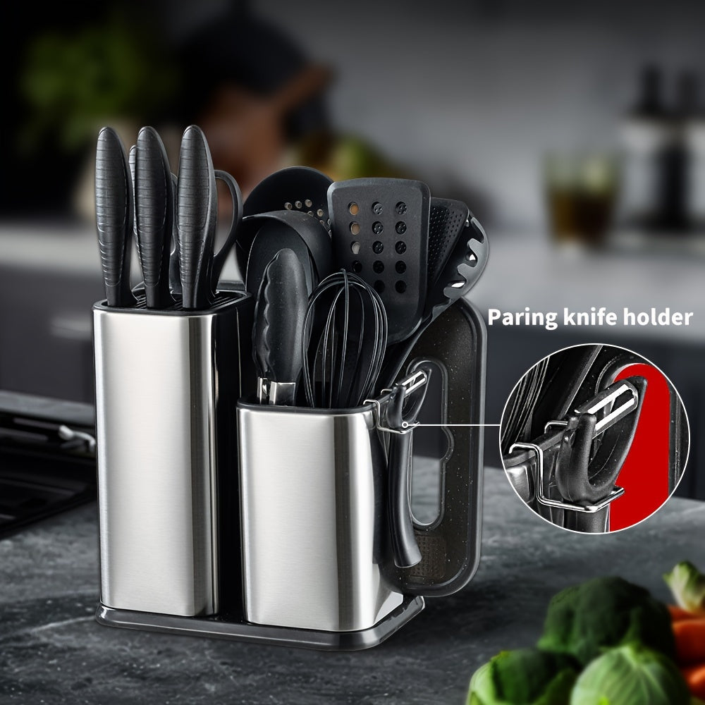 19-Piece Premium Knife Combination Set - High-Quality Silicone Cooking Utensils, Stainless Steel Storage Bucket, Durable Black Titanium Knives, Paring Knife, Dishwasher Safe, Easy Storage, Space-Saving Design