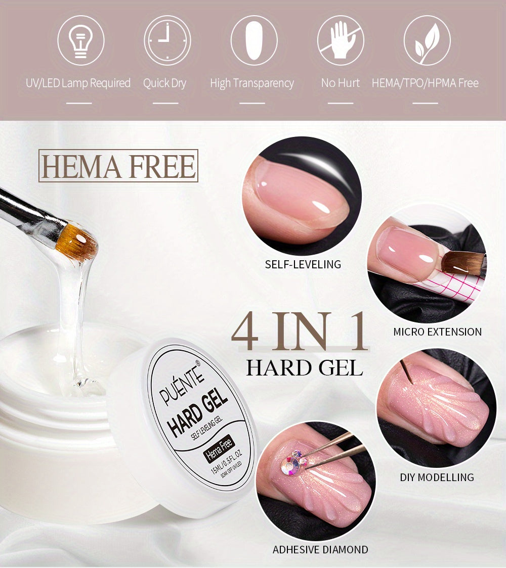 0.51oz Self-Leveling Gel Nail Polish, Clear Hard Gel Nail Extension, 3D Modelling, Rhinestone Glue, Soak Off UV Nail Gel Semi-Permanent Varnish