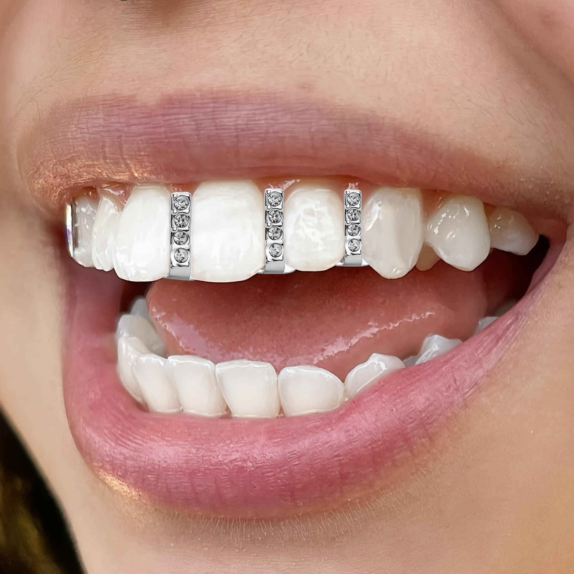 14K Golden Plated Hip Hop Dental Grills with Zircon Stones - Sexy Hollow Design Bar Tooth Cap for Daily & Party Wear, Unisex Copper Grillz for Teeth - Halloween Accessory, Fits All Seasons