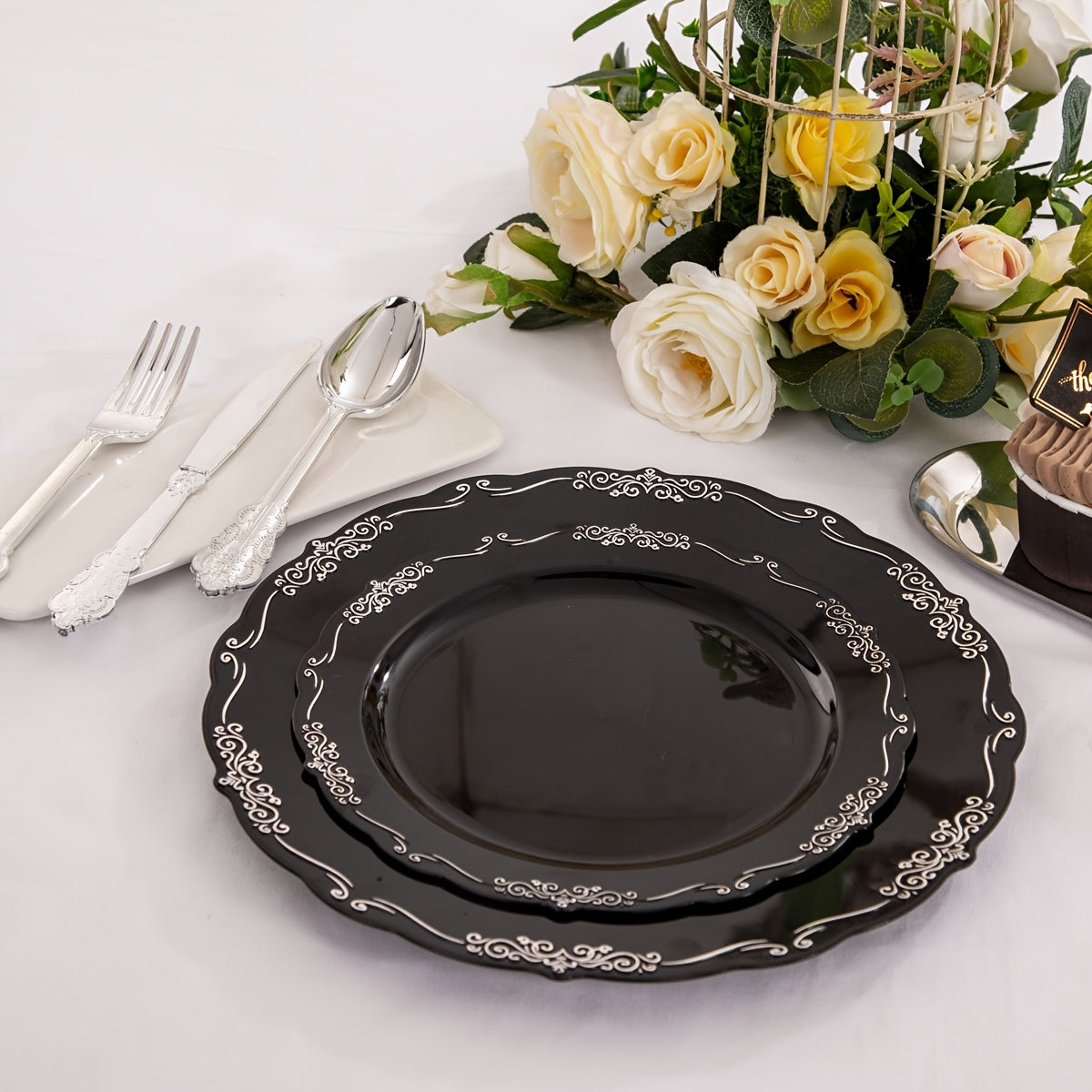 150 Pcs Black Silver Plastic Plates & Silver Plastic Silverware, Black Silver Disposable Plates for Party Include: 30 Dinner Plates 10.25 inch, 30 Dessert Plates 7.5 inch, 30 Knives, 30 Forks, 30 Spoons for Party