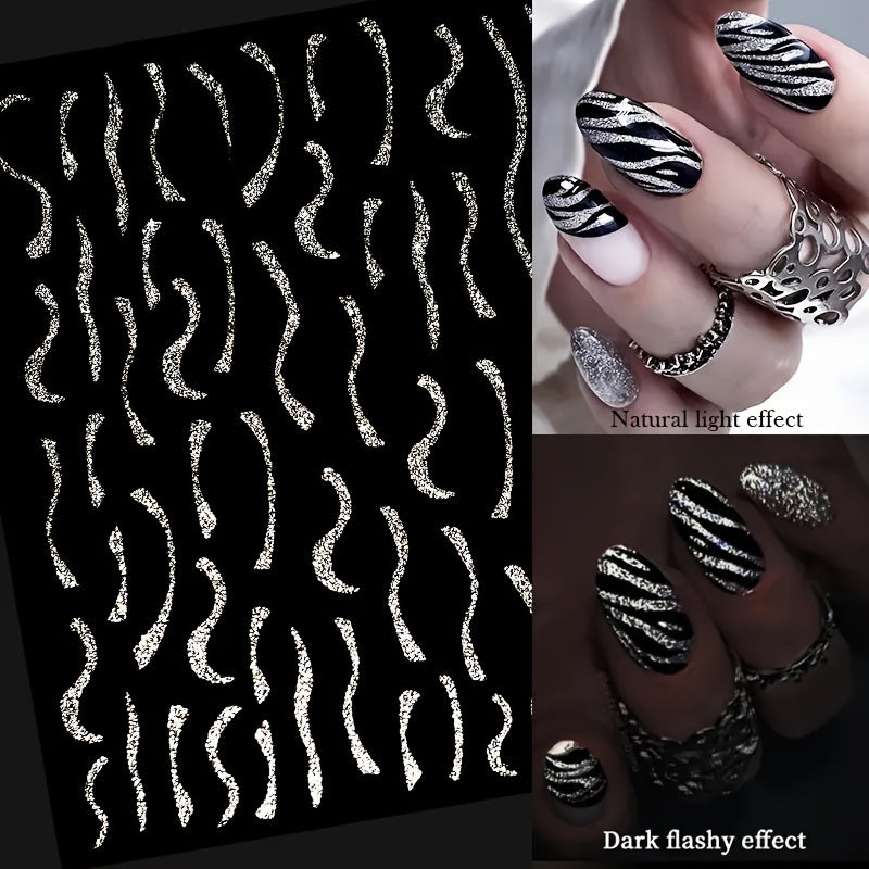 1pc 3D Nail Sticker with Stripes and Lines Charm Reminder Transfer Nail Art Decoration Silvery Reflective Glitter Sticker