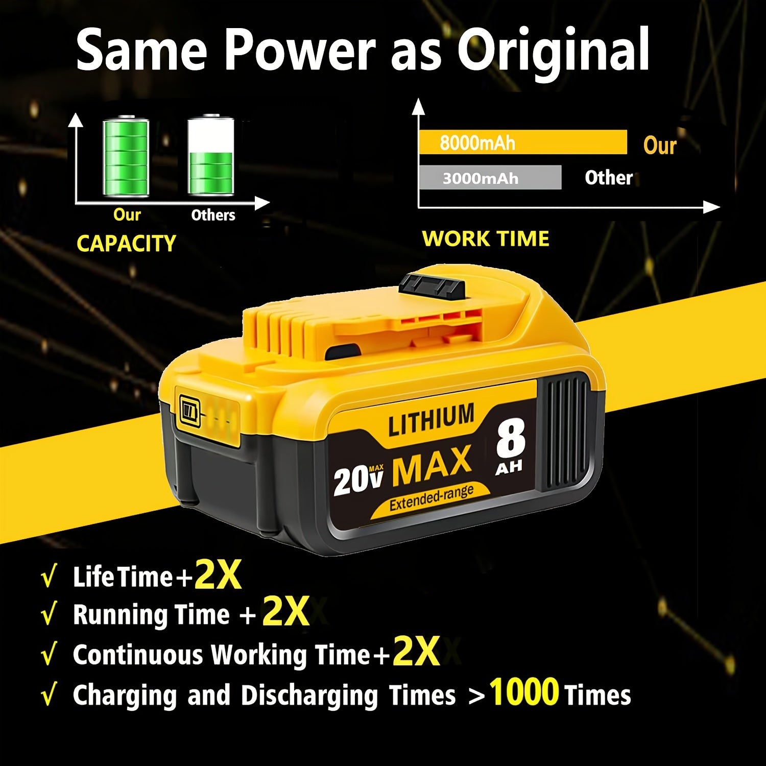 1/2/4pcs 8.0Ah 20V Lithium Ion Battery Replacement For Dewalt 20v Battery Compatible With Dewalt 20V Battery DCB206 DCB204 DCB200 DCB180 Series Cordless Power Tools With LED Indicator