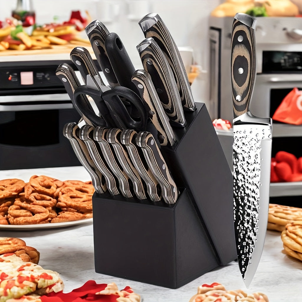 15pcs Professional Kitchen Knife Set, Kitchen Accessories, Super Sharp Knife Set With Wooden Block, Chef Knife Set With Sharpener, High Carbon Stainless Steel Hammered Knife Block Set With Steak Knives, Selection For Easter G