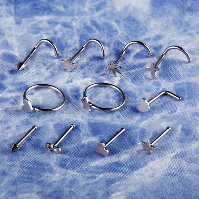 11PCS 316L Stainless Steel Nose Ring Set: Simple Style Nose Nail Body Piercing Jewelry with Star, Love Heart, and More Shapes