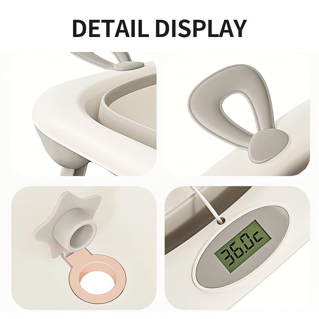 UNICOO® Baby Tub - Foldable Infant Bath Tub for Newborn to Toddler - Portable Baby Bathtub with Soft Cushion &Thermometer - Safety Belt, Detachable Cushion, Convenient Bathtub