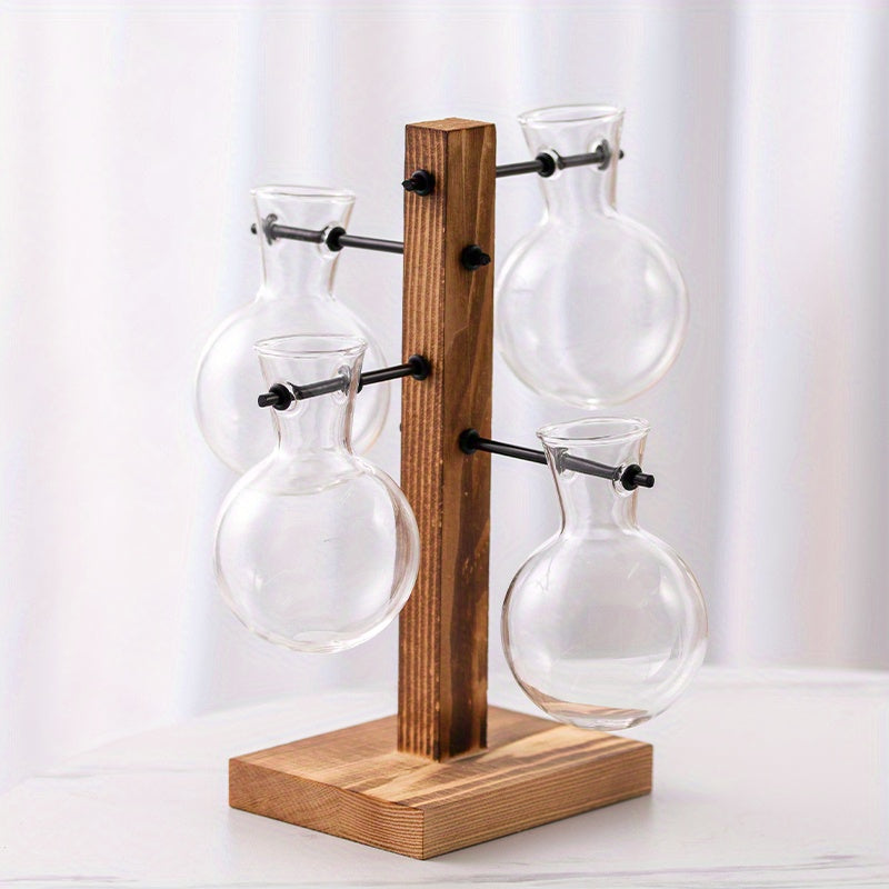 1/2/4pcs Hydroponic Glass Vase, Vintage Desktop Plant Terrarium Planter Bulb Vase, Water Planting Propagation Vase Planters Hydroponics Plants With Retro Wooden Stand Home Garden