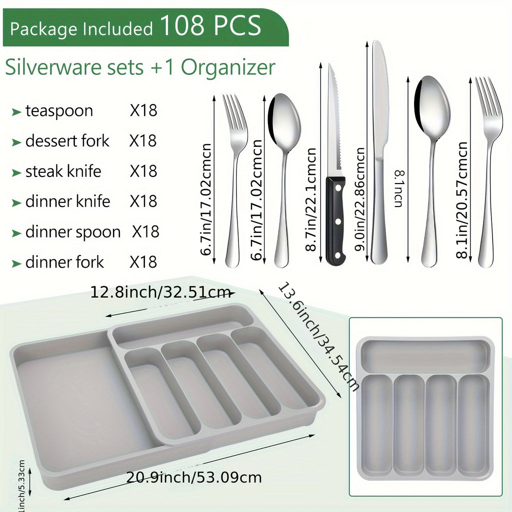 108 Pcs Silverware Set With Organizer Stainless Steel Flatware Sets For 18 Steak Knives Fork Knife Spoon Utensil Sets With 5 Compartment Drawer Cutlery Organizer For Kitchen Restaurant