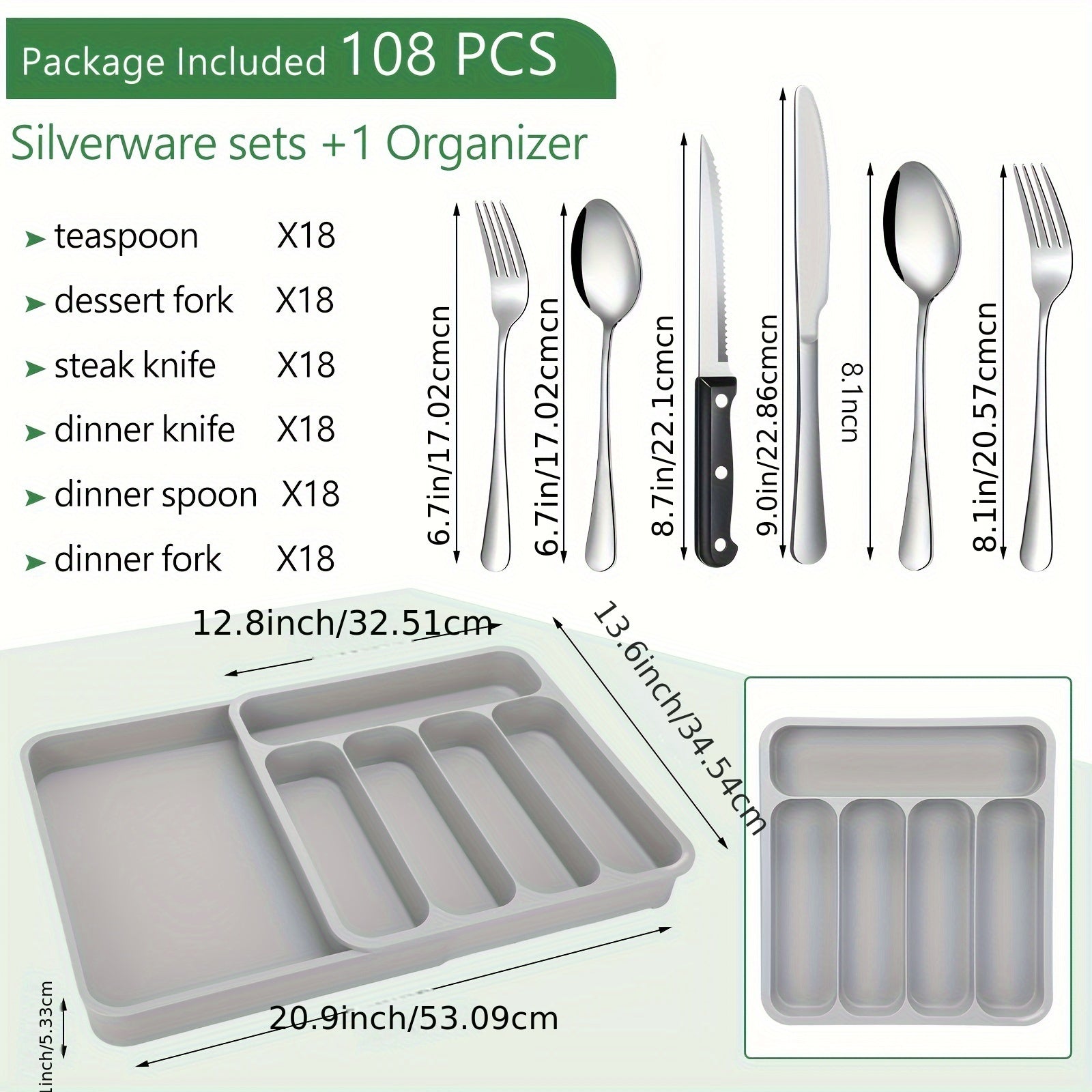 108 Pcs Silverware Set With Organizer Stainless Steel Flatware Sets For 18 Steak Knives Fork Knife Spoon Utensil Sets With 5 Compartment Drawer Cutlery Organizer For Kitchen Restaurant