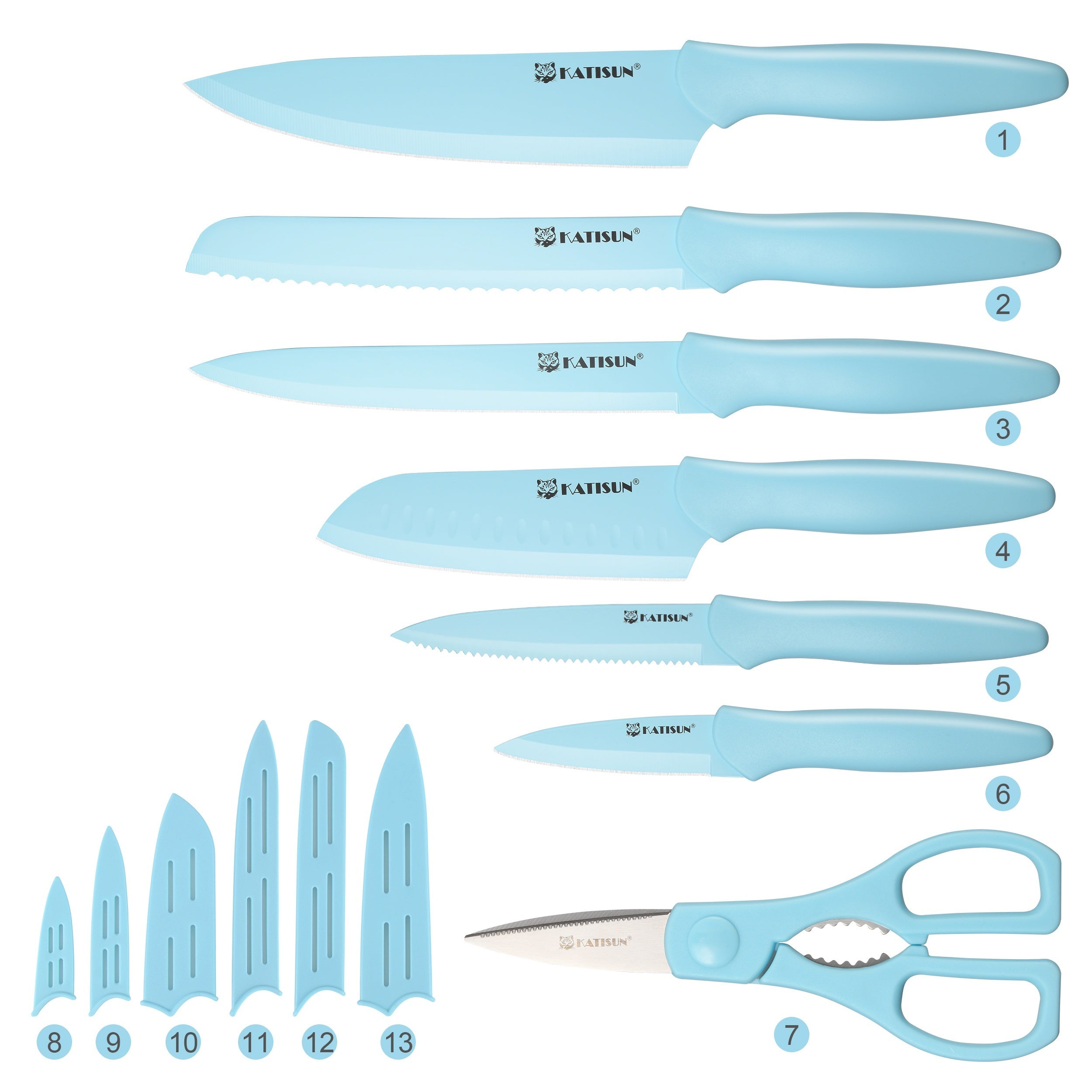 13 Piece Non-stick Coating Stainless Steel Boxed Knives Set, Anti-Rust and Dishwasher Safe, 6 Knives with 6 Blade Covers and one Kitchen Shear
