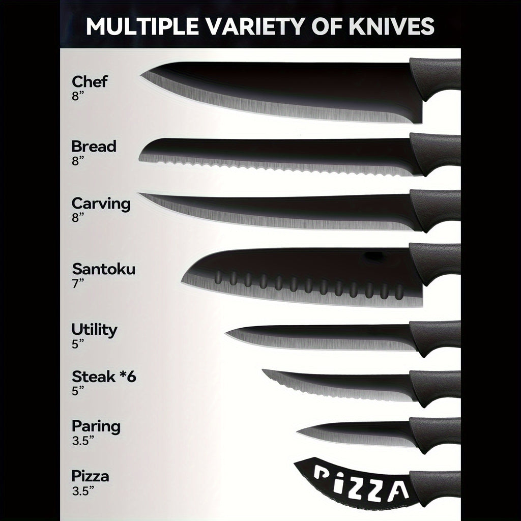 17pcs German Stainless Steel Kitchen Knife Set with Acrylic Holder - Includes Chef, Paring, Utility Knives, Scissors, Sharpener - Nonstick, Scratch-Resistant, Black Handles, Knife Organization|Modern Kitchenware|Black Handle