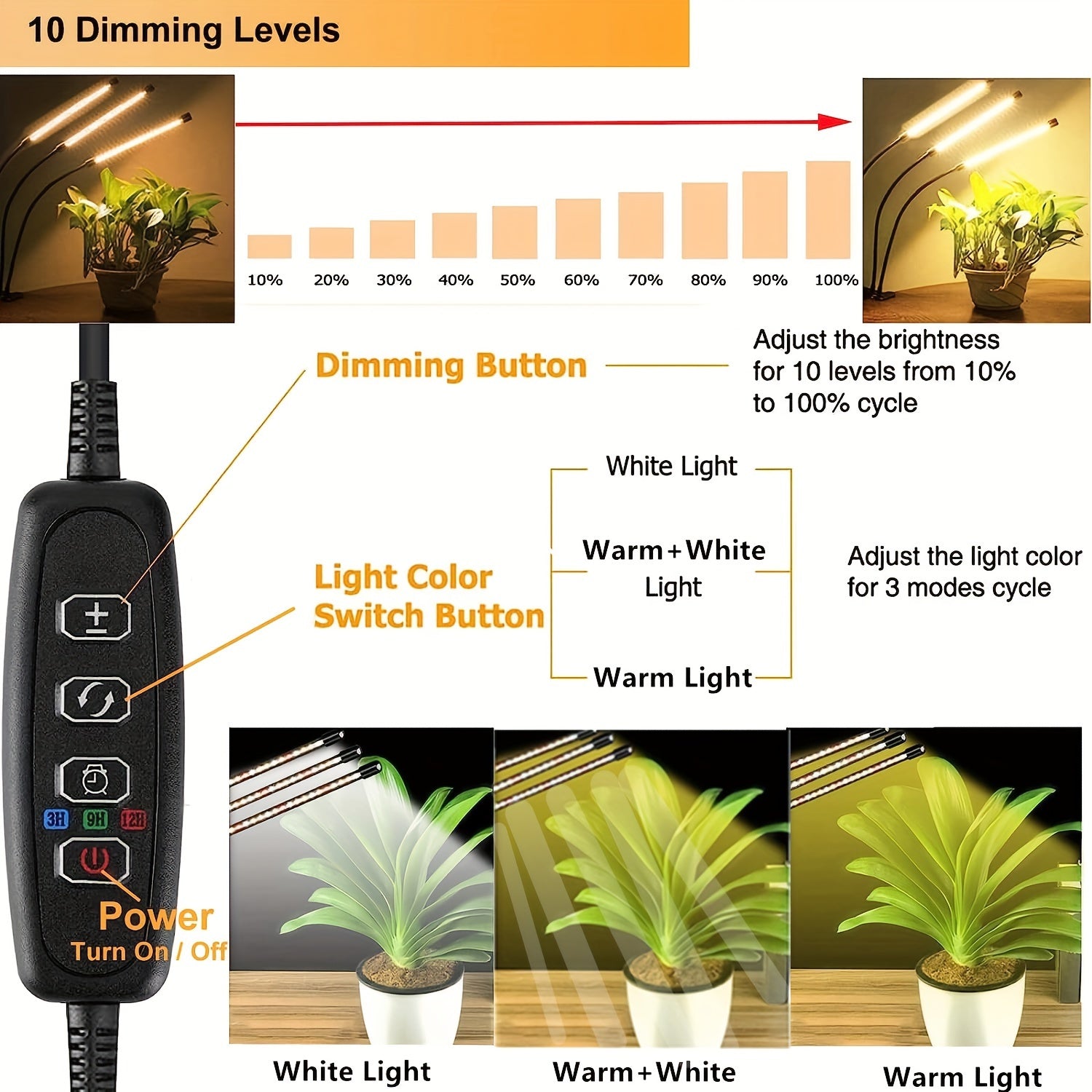 10 Dimmable Brightness Grow Light with Stand, Adjustable Gooseneck, 3 Switch Modes, 3/9/12H Timer, White and Warm White Spectrum for Indoor Plants