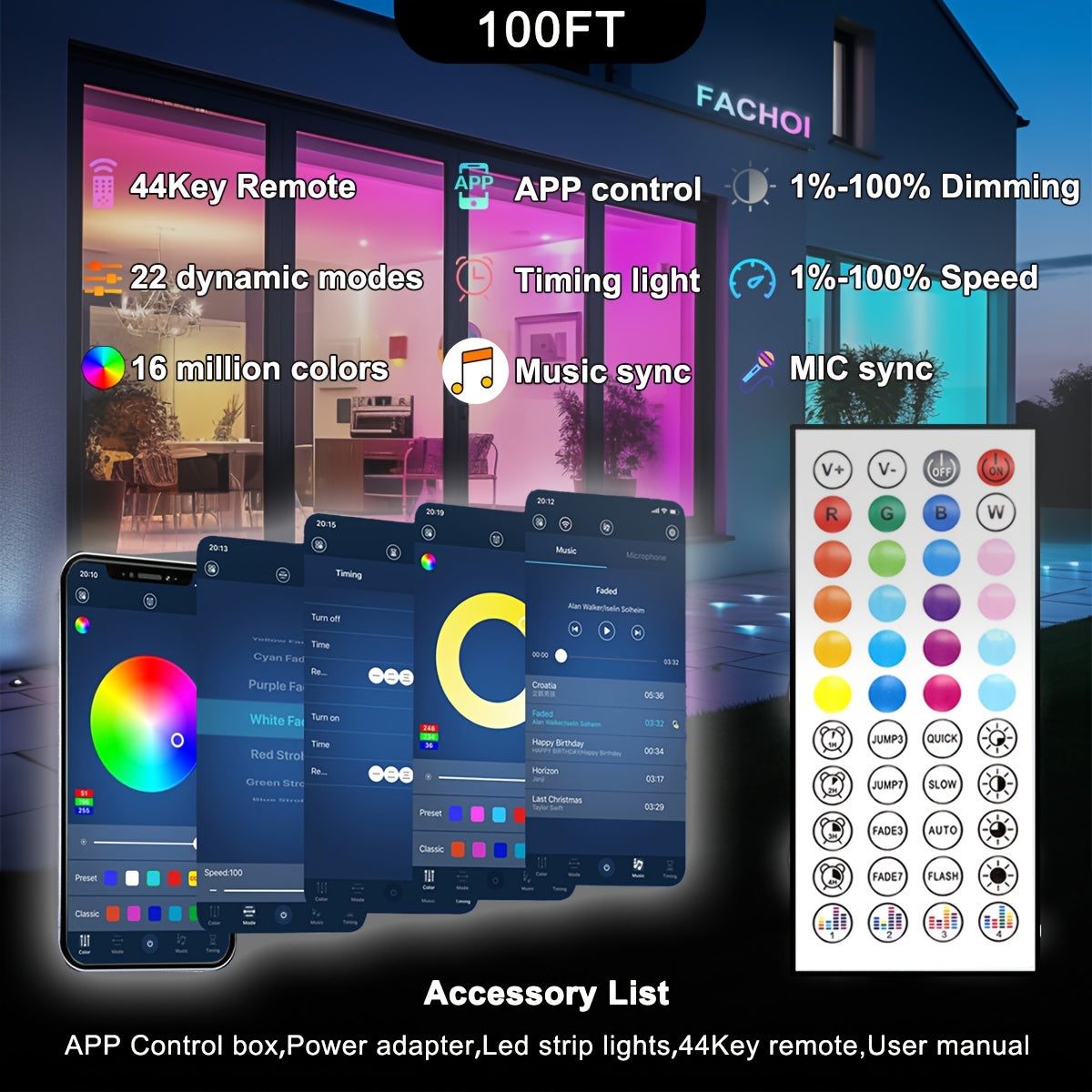 (2 rolls 17ft-1roll. 200ft RGB LED Strip Lights (2 Rolls, 100ft Each) with Smart App Control, Music Sync, Color Changing, Remote Control, for Bedroom, Party, Home Decor