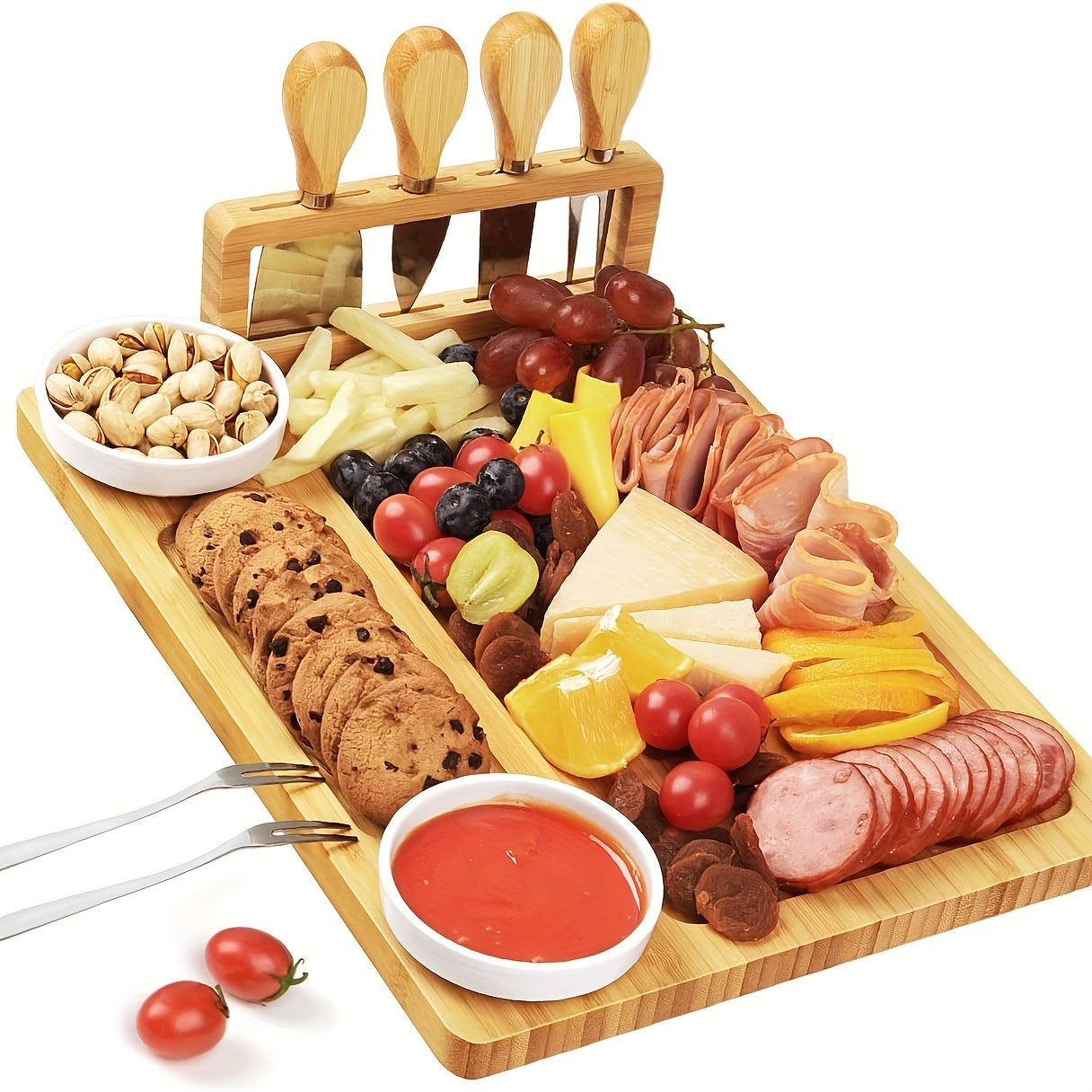 1 Set Cheese Board Set - Meat Cheese Tray, Deli Board Set With 4 Stainless Steel Cheese Knives, Perfect For Parties, Wedding Cheese Spatula, Bamboo Cheese Board And Knife Set, Cheese Plate, Serving Tray, Kitchen Supplies