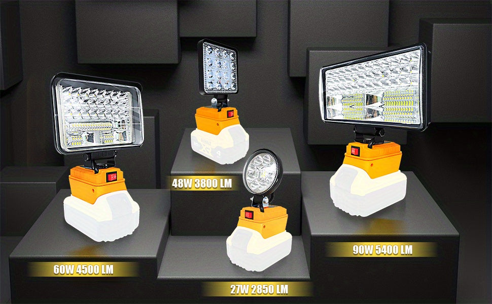 1pc Cordless LED Work Light, For DeWALT 20V Battery, 48W 3800 Lumens/60W 4500 Lumens/90W 5400 Lumens LED Floodlight, With 2 USB Charging Ports, Battery Light For Outdoor, Camping, Car Repairing, Emergency And Job Site Lightin