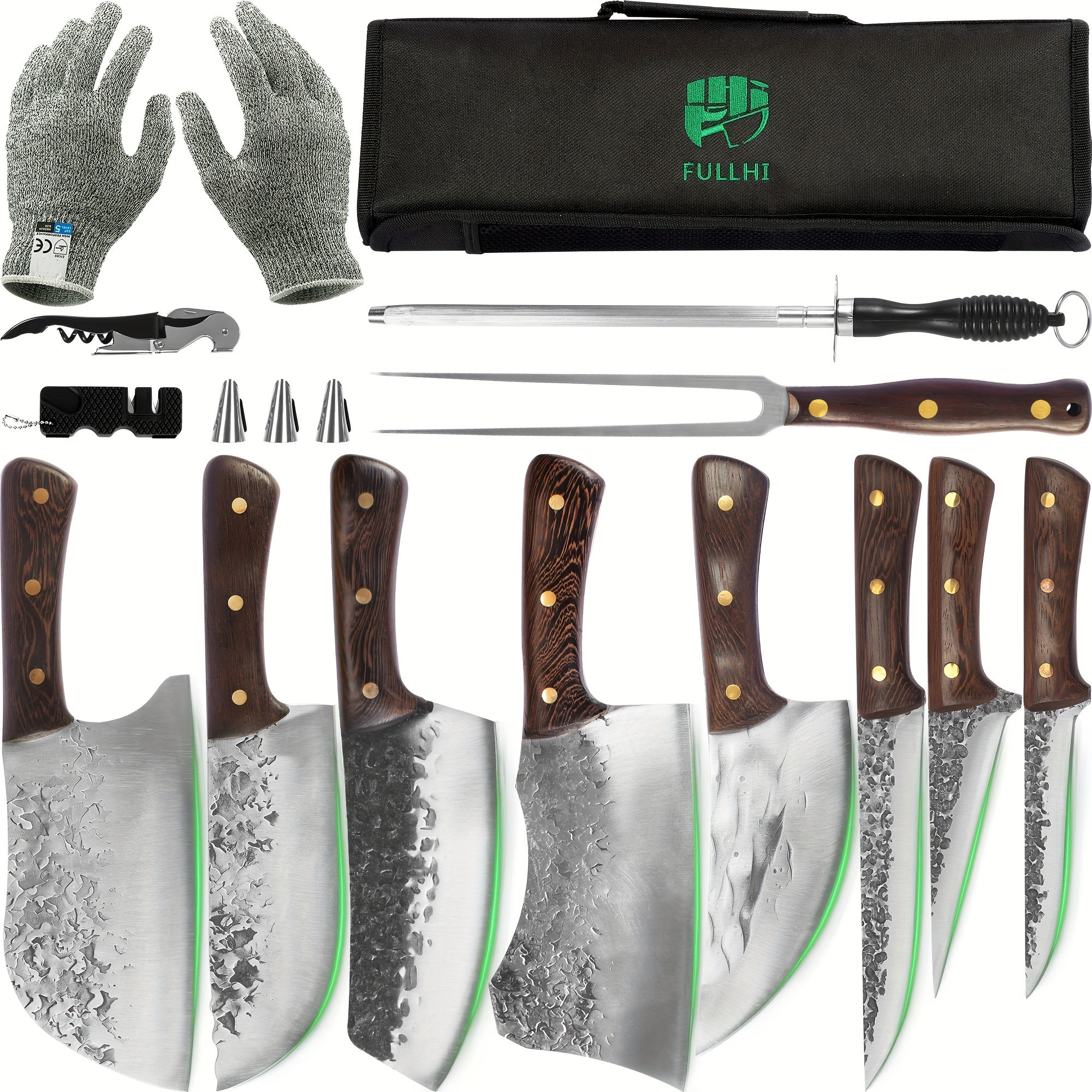 15pcs Portable Butcher Knife Set With Carving Meat Fork Kitchen Knife Set With Roll Bag Full Tang High Carbon Steel Chef'S Knife Fishing Fish Chef Knives For Kitchen, Camping, BBQ, Gifts For Women Men Birthday Christmas Prese