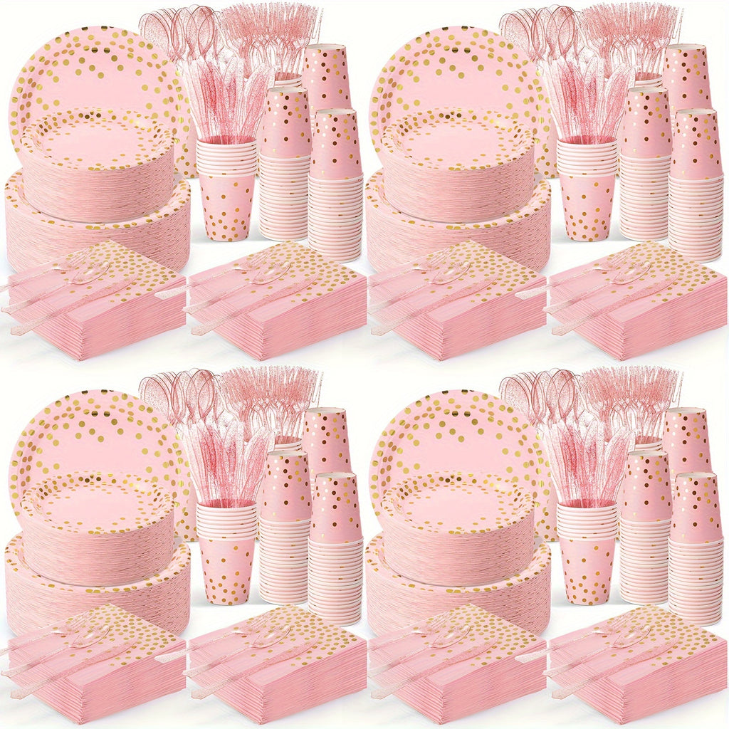 1050 Pcs Gold Dot Paper Plates Set Serve 150 Polka Dot Party Supplies Include Paper Plates Napkins Cups And Plastic Forks Knives Spoons For Birthday Engagement Baby Shower Wedding, Pink