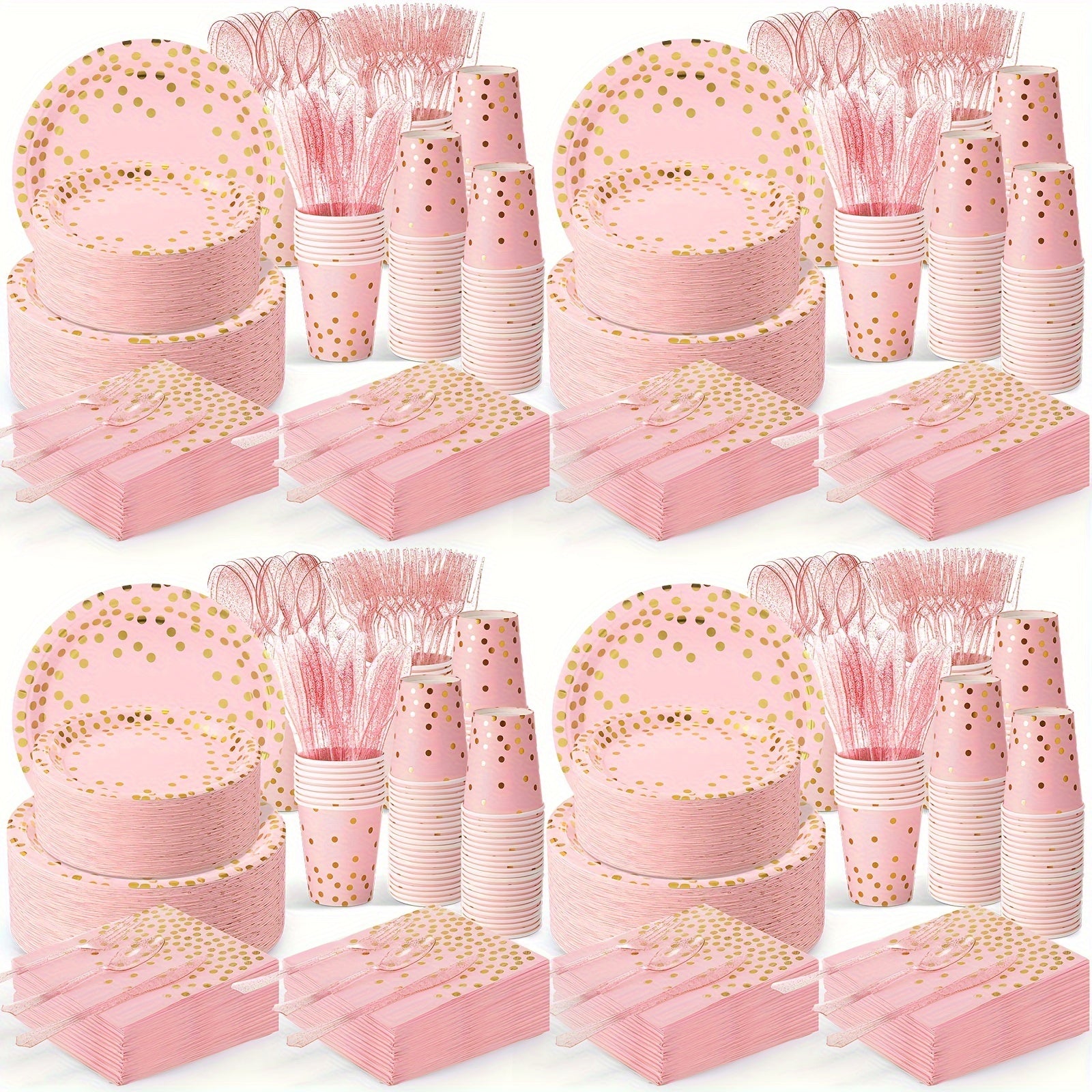 1050 Pcs Gold Dot Paper Plates Set Serve 150 Polka Dot Party Supplies Include Paper Plates Napkins Cups And Plastic Forks Knives Spoons For Birthday Engagement Baby Shower Wedding, Pink