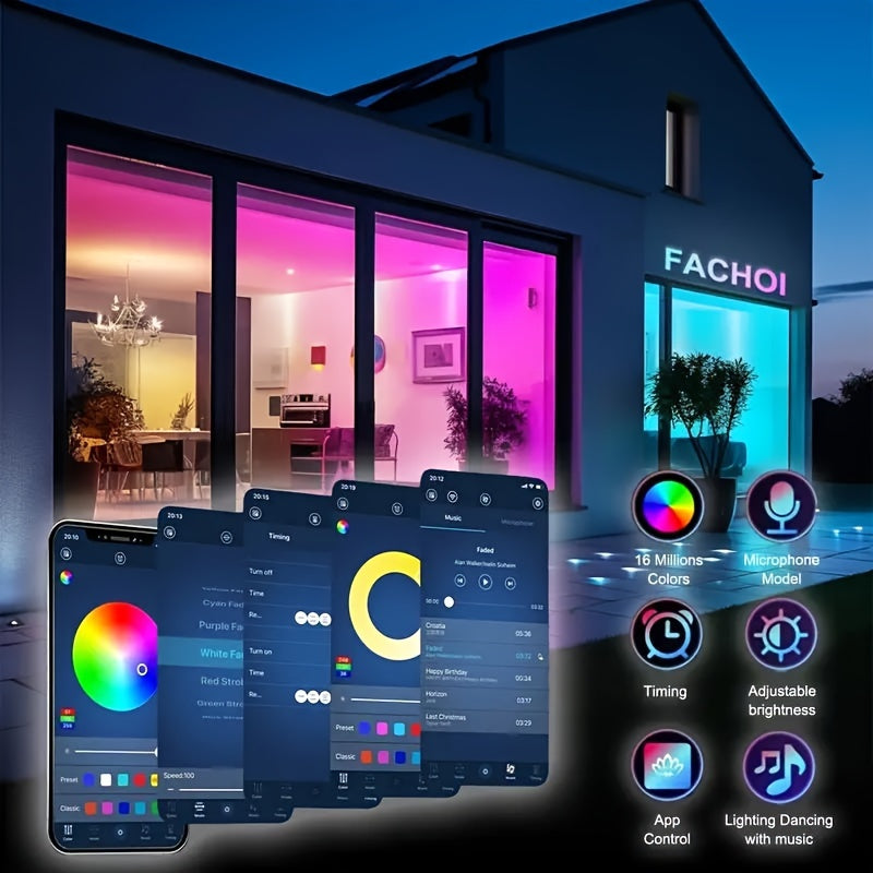 (2 rolls 17ft-1roll. 200ft RGB LED Strip Lights (2 Rolls, 100ft Each) with Smart App Control, Music Sync, Color Changing, Remote Control, for Bedroom, Party, Home Decor