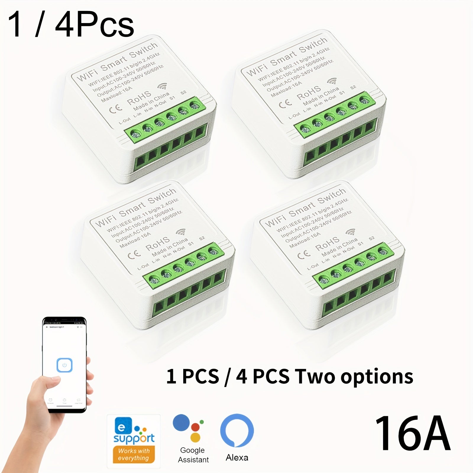 16A Wifi Smart Switch Mini - Compatible with Alexa and Google Home, Remote Control, Voice Control, DIY Mode, Delay Function, LAN Control - Ewelink Home Automation Timer Schedule, 2-Way Smart Circuit Breaker