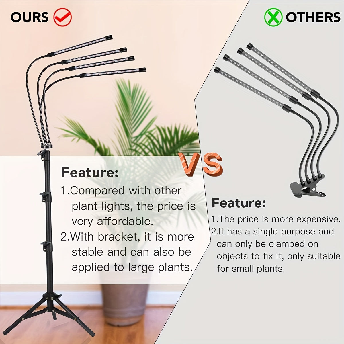 10 Dimmable Brightness Grow Light with Stand, Adjustable Gooseneck, 3 Switch Modes, 3/9/12H Timer, White and Warm White Spectrum for Indoor Plants