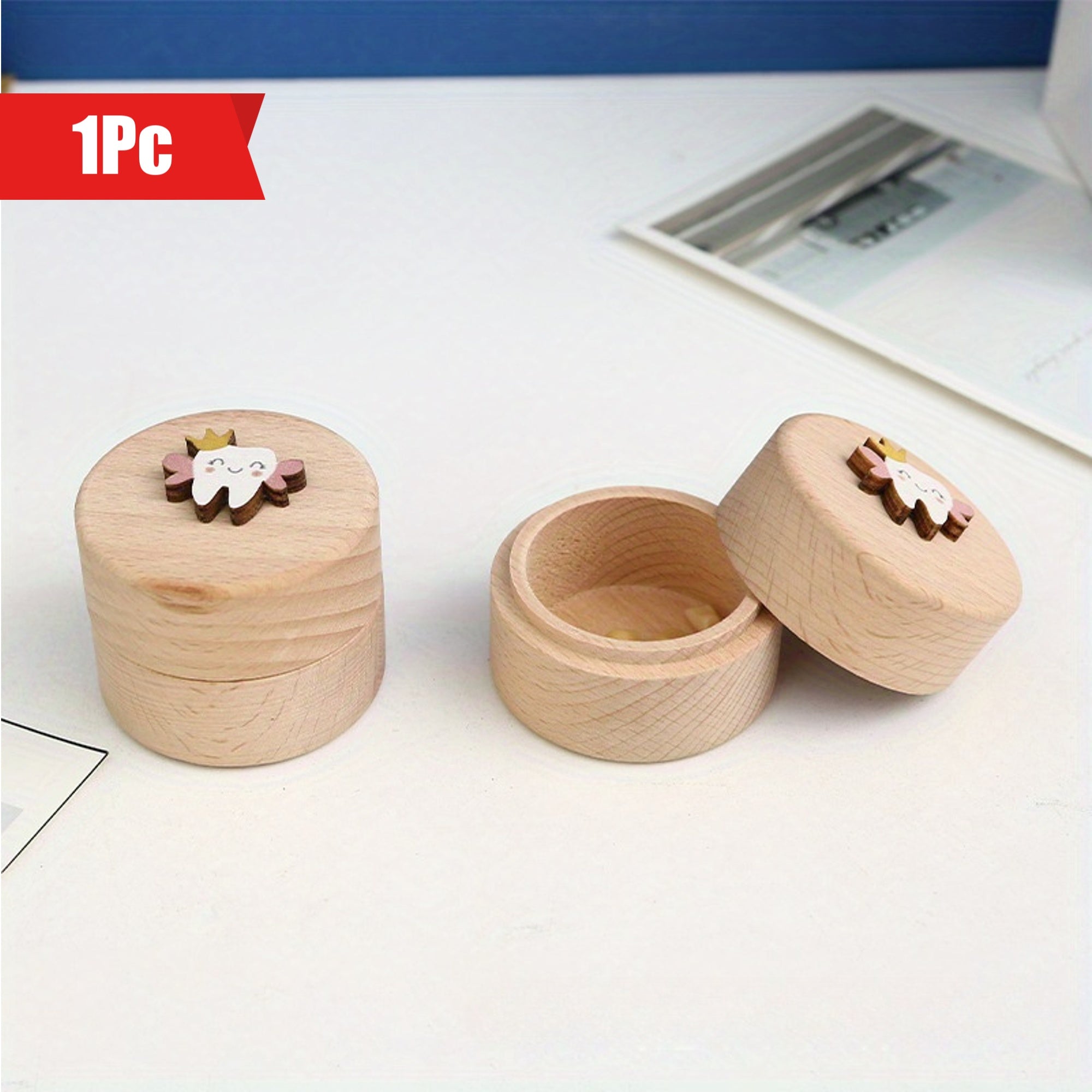 1pc Charming Wooden Tooth Fairy Keepsake Box for Youngsters - Cute 3D Tooth & Crown Design, Natural Wood Youngsters Tooth and Umbilical Cord Storage Case with Easy-Store Lid, Perfect Souvenir Gift for Youngsters, Tooth Fairy