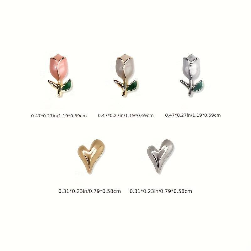 10Pcs 3D Tulip & Heart Nail Charms - Scent-Free, Diy Manicure Accessories For Hands, Feet & Nails