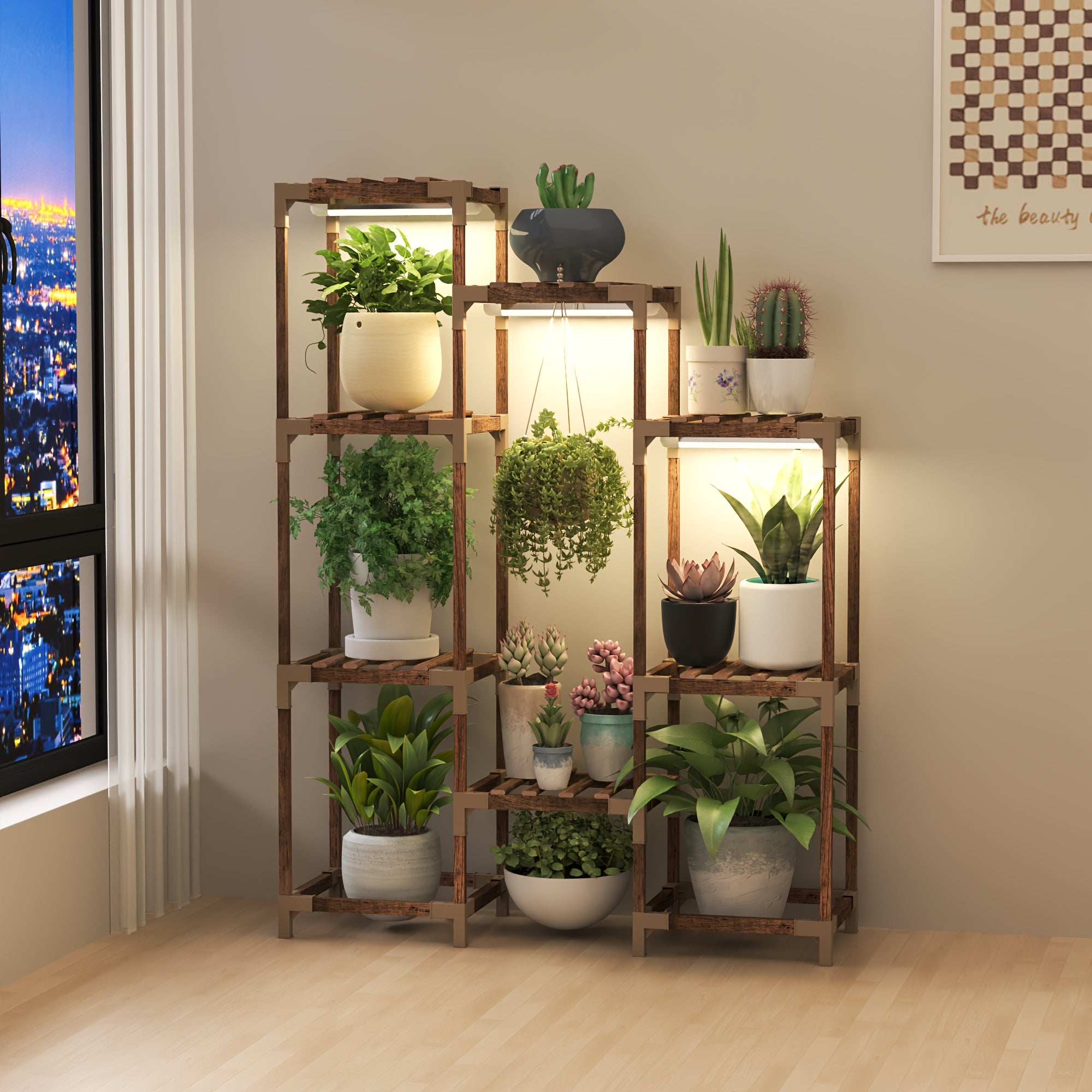 10-Tier Plant Stand with Grow Light, Indoor/Outdoor Wood Shelf for Corner, Patio, Garden, Living Room, Multiple Plant Display