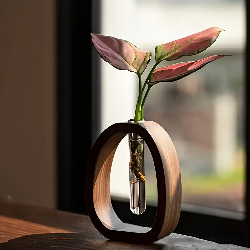 1pc Art Deco Style Wooden Round Vase with Glass Tube - Elegant Hydroponic Flower Vase for Home and Office Decor, No Electricity or Battery Needed, Ideal Christmas Gift, Vases for Flowers