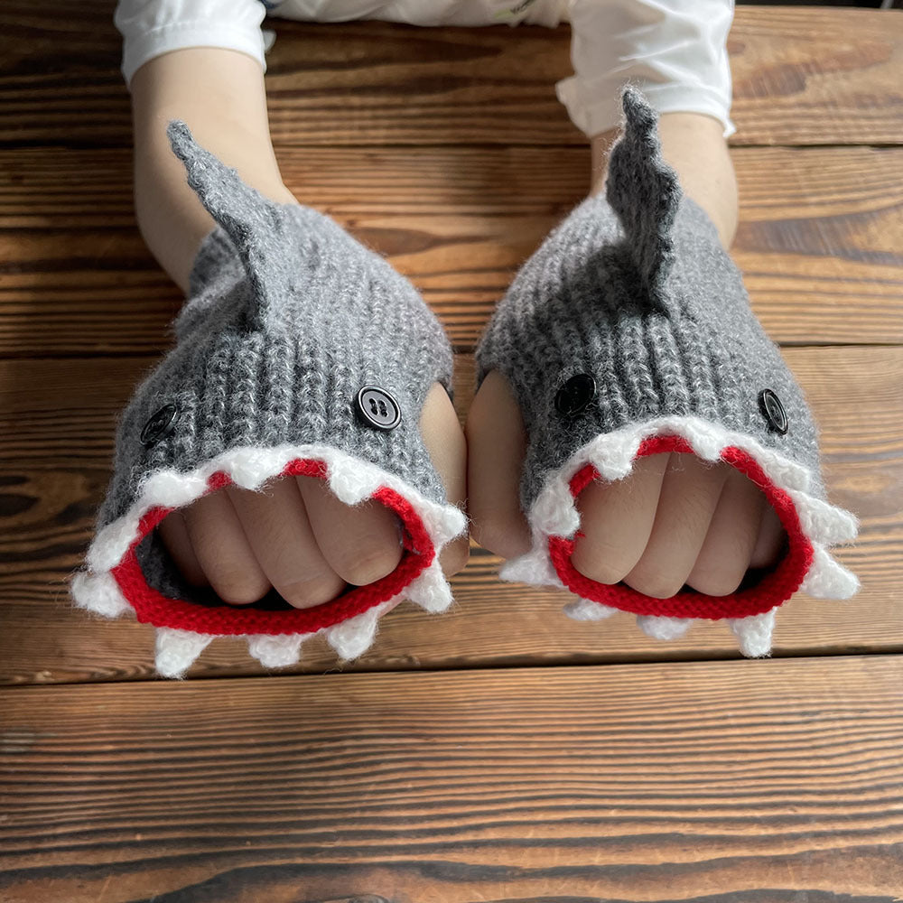 1pair Funny Handmade Shark Gloves - Wool Winter Warm Half-finger Gloves for Christmas Gifts