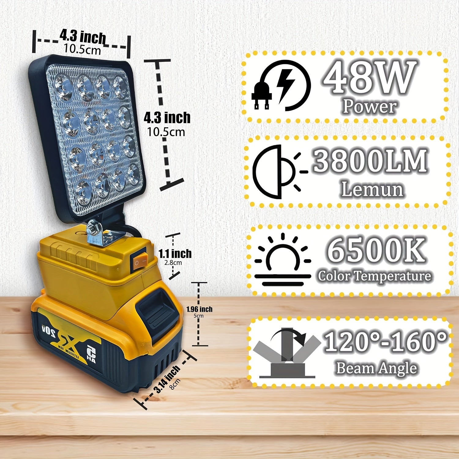 1pc Cordless LED Work Light, For DeWALT 20V Battery, 48W 3800 Lumens/60W 4500 Lumens/90W 5400 Lumens LED Floodlight, With 2 USB Charging Ports, Battery Light For Outdoor, Camping, Car Repairing, Emergency And Job Site Lightin