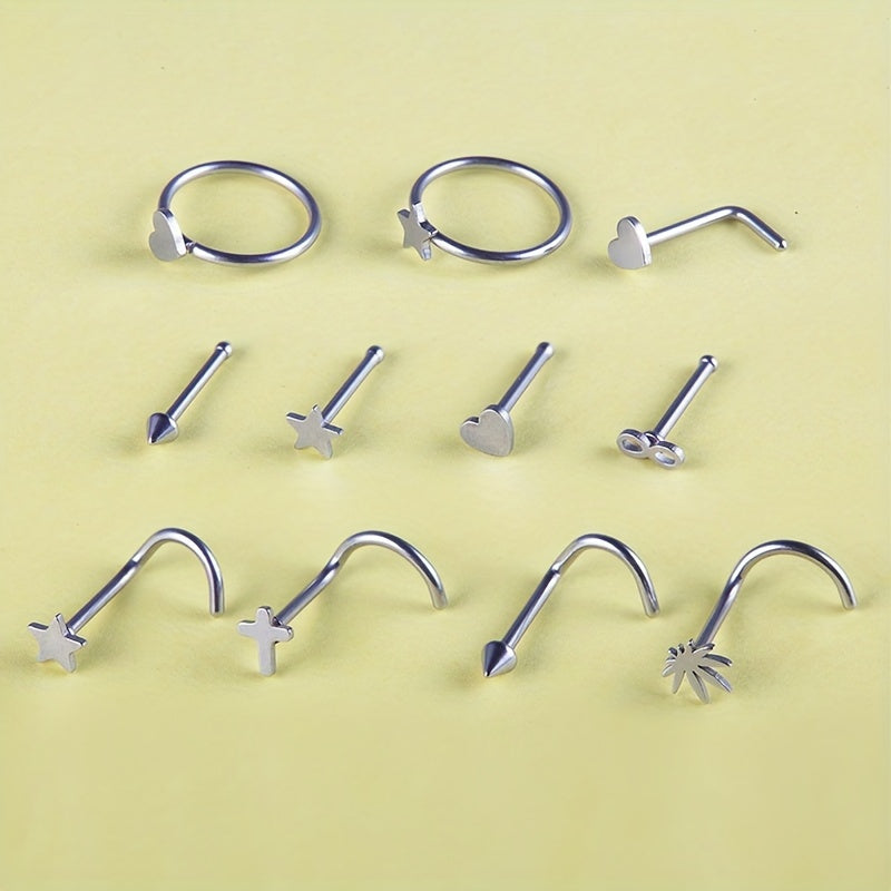 11PCS 316L Stainless Steel Nose Ring Set: Simple Style Nose Nail Body Piercing Jewelry with Star, Love Heart, and More Shapes