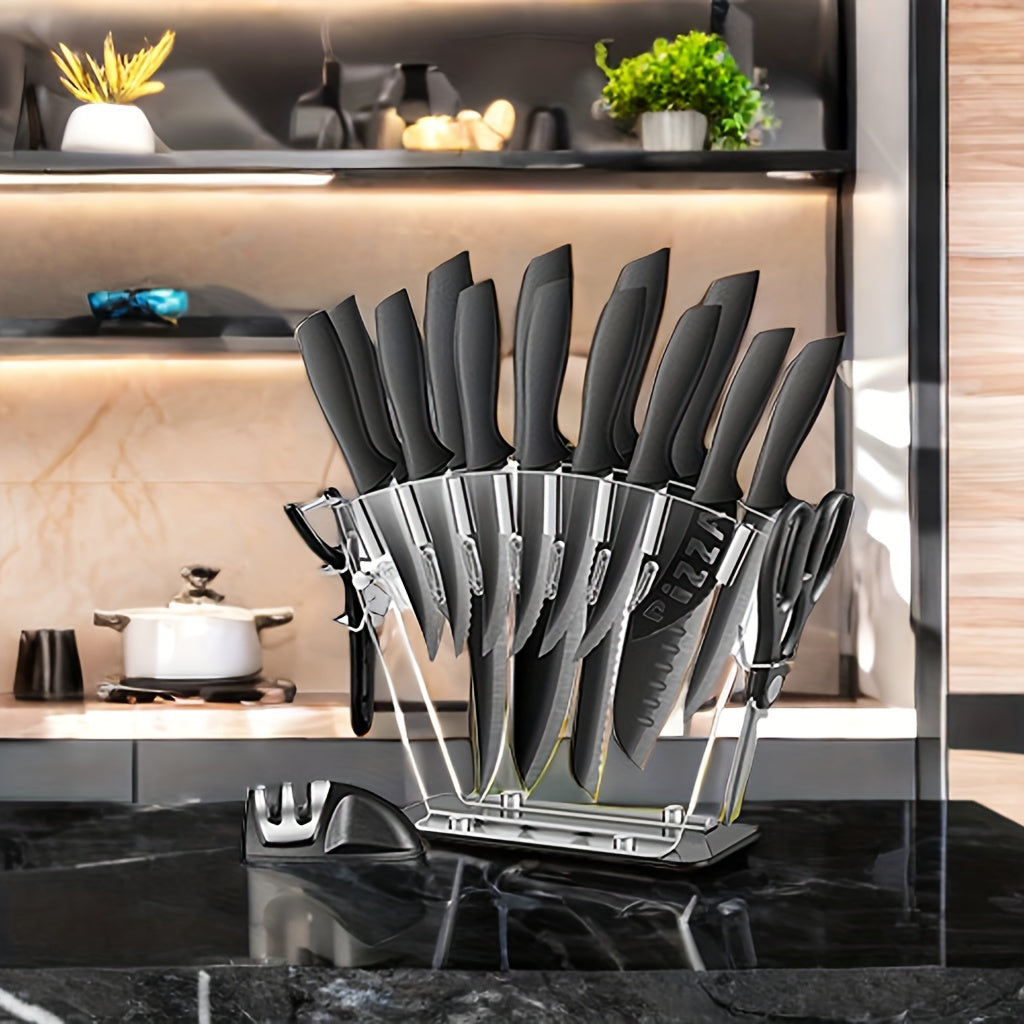 17pcs German Stainless Steel Kitchen Knife Set with Acrylic Holder - Includes Chef, Paring, Utility Knives, Scissors, Sharpener - Nonstick, Scratch-Resistant, Black Handles, Knife Organization|Modern Kitchenware|Black Handle
