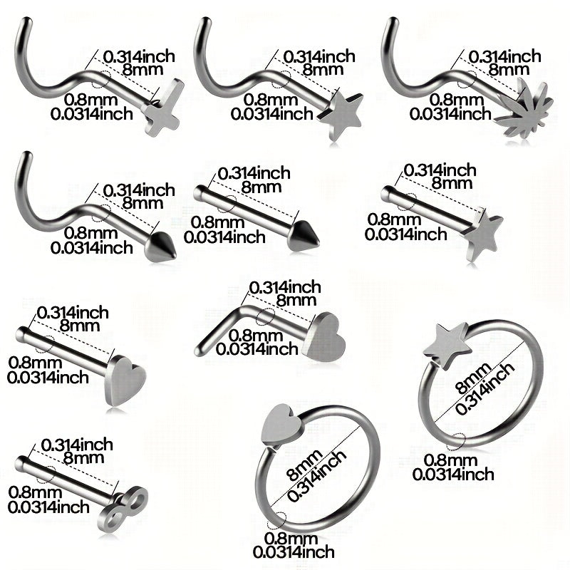 11PCS 316L Stainless Steel Nose Ring Set: Simple Style Nose Nail Body Piercing Jewelry with Star, Love Heart, and More Shapes