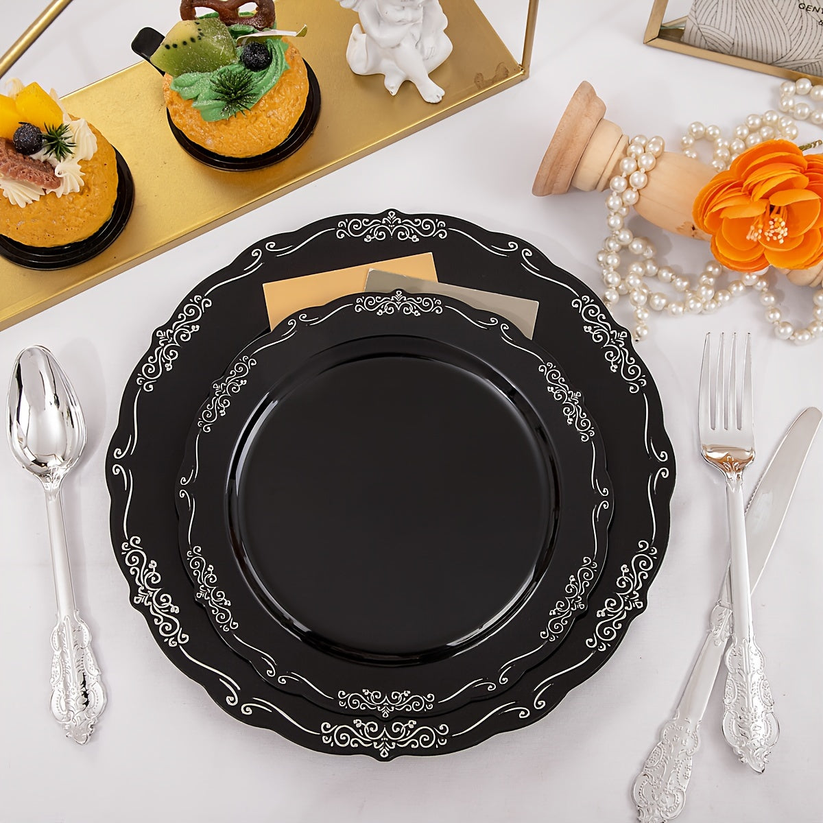 150 Pcs Black Silver Plastic Plates & Silver Plastic Silverware, Black Silver Disposable Plates for Party Include: 30 Dinner Plates 10.25 inch, 30 Dessert Plates 7.5 inch, 30 Knives, 30 Forks, 30 Spoons for Party