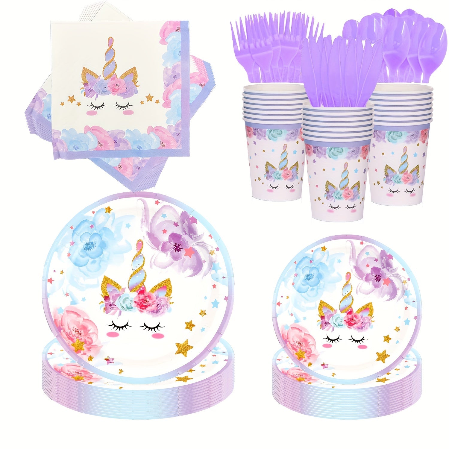 168-Piece Unicorn Party Essentials Kit - Vibrant Round Disposable Tableware Set with Plates, Cups, Napkins, Knives, Forks, and Spoons for Magical Birthday, Tea Parties, and Celebrations - Perfect for All Occasions