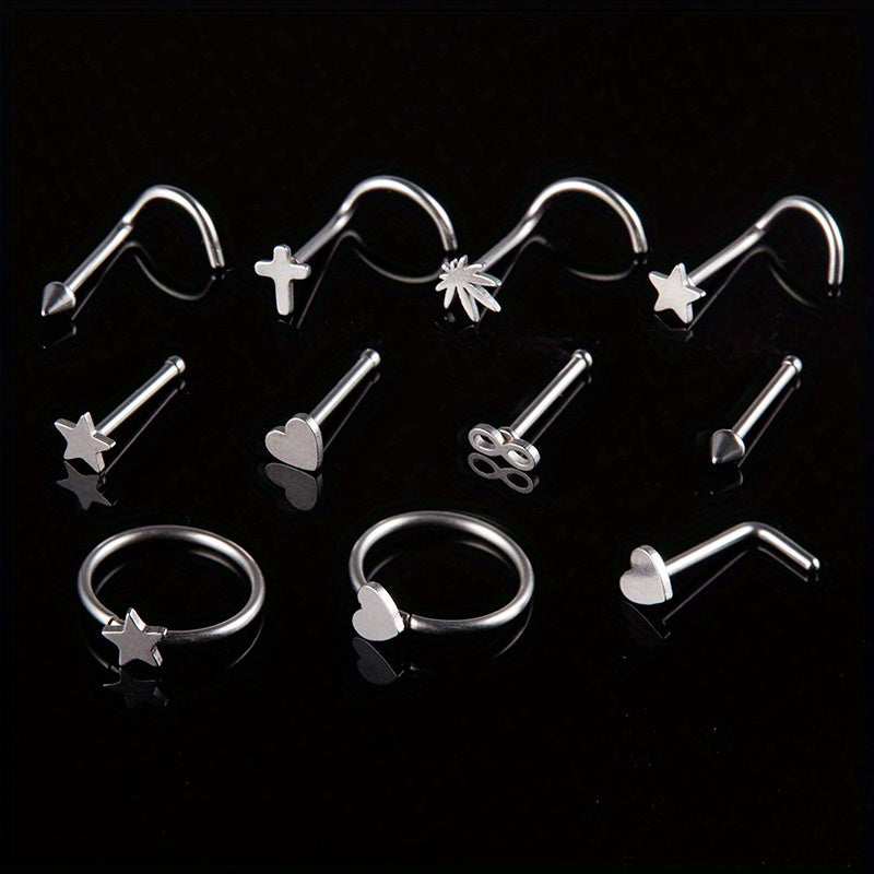 11PCS 316L Stainless Steel Nose Ring Set: Simple Style Nose Nail Body Piercing Jewelry with Star, Love Heart, and More Shapes