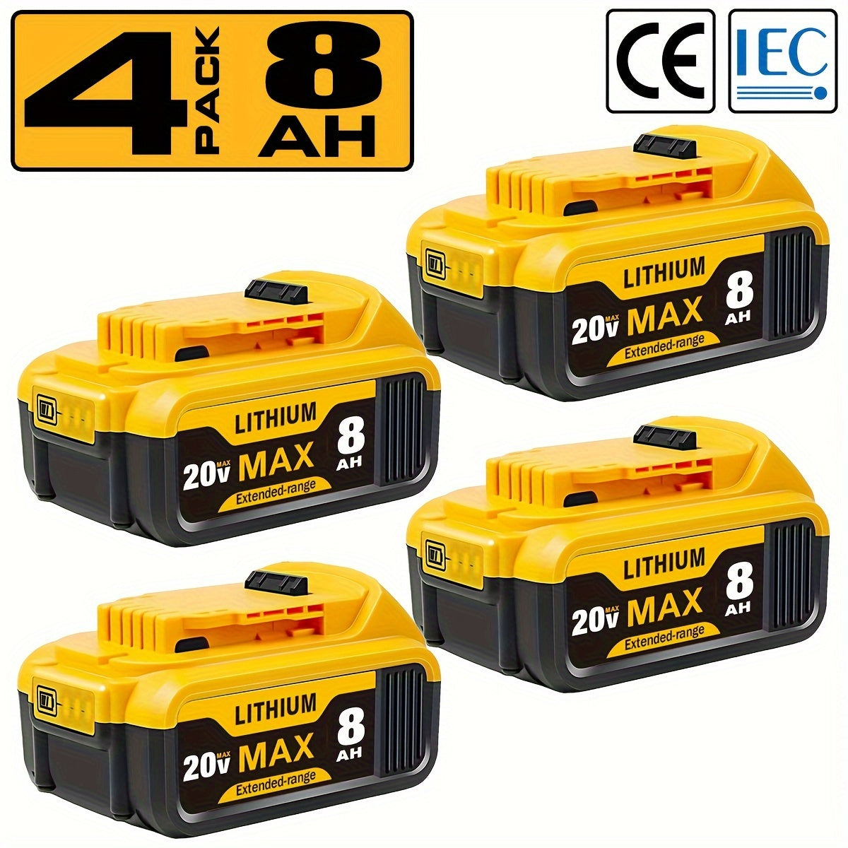 1/2/4PACK 8.0Ah 20v Replacement Li-ion Battery For Dewalt Cordless Power Tool Rechargeable XR Battery Packs Compatible With Dewalt DCB200 DCB204 DCB205 DCB206 DCB201 DCB203 DCB181 DCB180 20V DCB200 DCD DCF DCG Series Power To