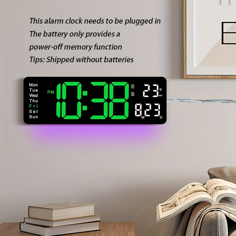 1pc 16-Inch Remote Control Digital Wall Clock, Temperature Date Display With Mood Light, Dual Alarm, Countdown, 10-Level Brightness Adjustment, 12/24H Format, Plastic Material, USB Powered (2 * AAA Battery For Memory Function
