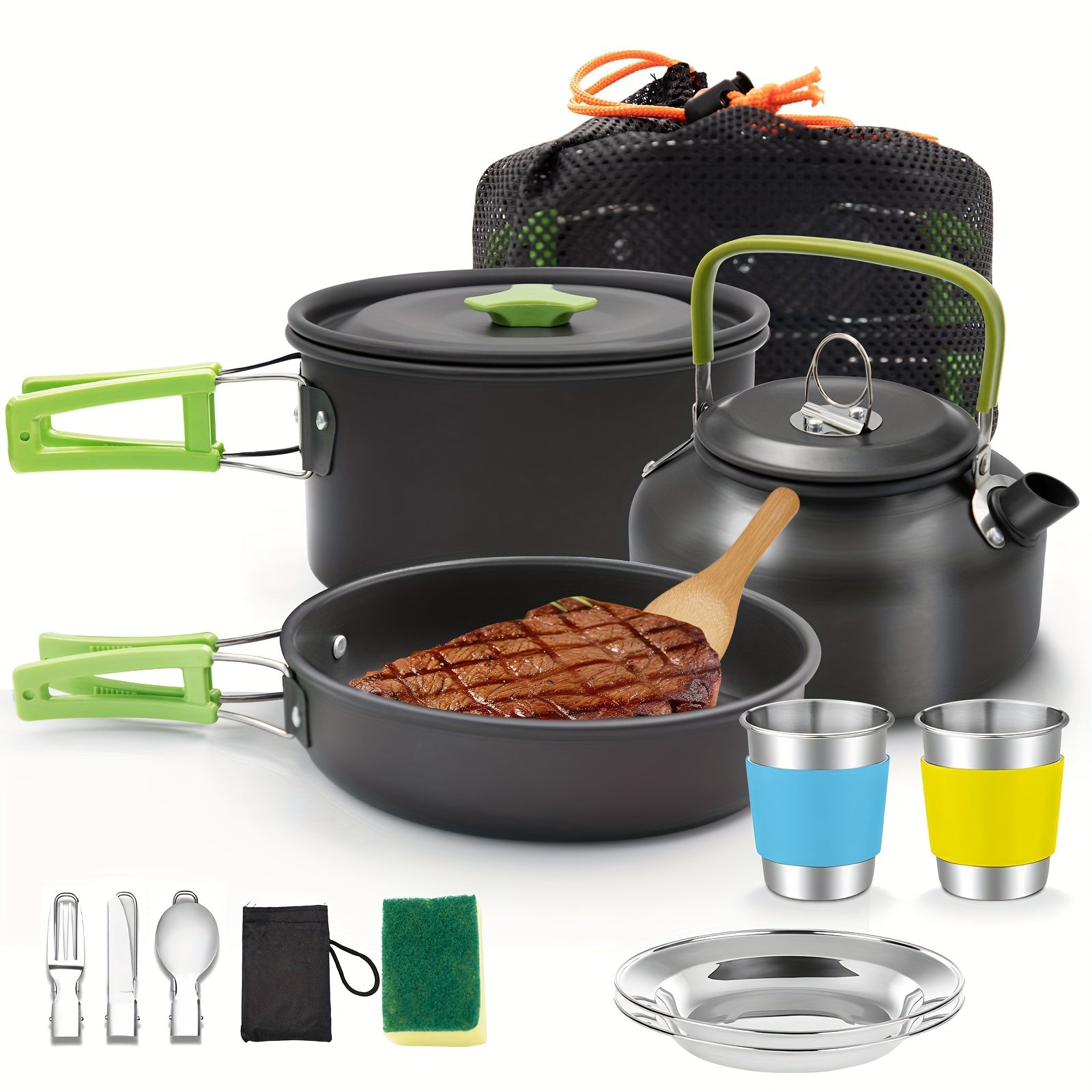 16pcs Camping Cookware, Backpacking Compact Camping Cooking Set Camping Pot with Cups Plates Forks Knives Spoons, Camping Pots and Pans Set for Backpacking, Outdoor Cooking